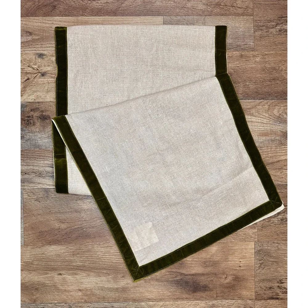 Pier 1 Imports Table Runner Natural Cotton Burlap Moss Green Velvet Trim 14x72
